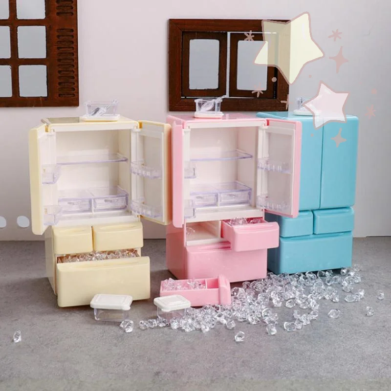 [TJ]1세트 미니어처 음식 놀이 주방 장면 포켓 가구 모델 1:12 플레이하우스 장난감 인형 집 만화 미니 냉장고