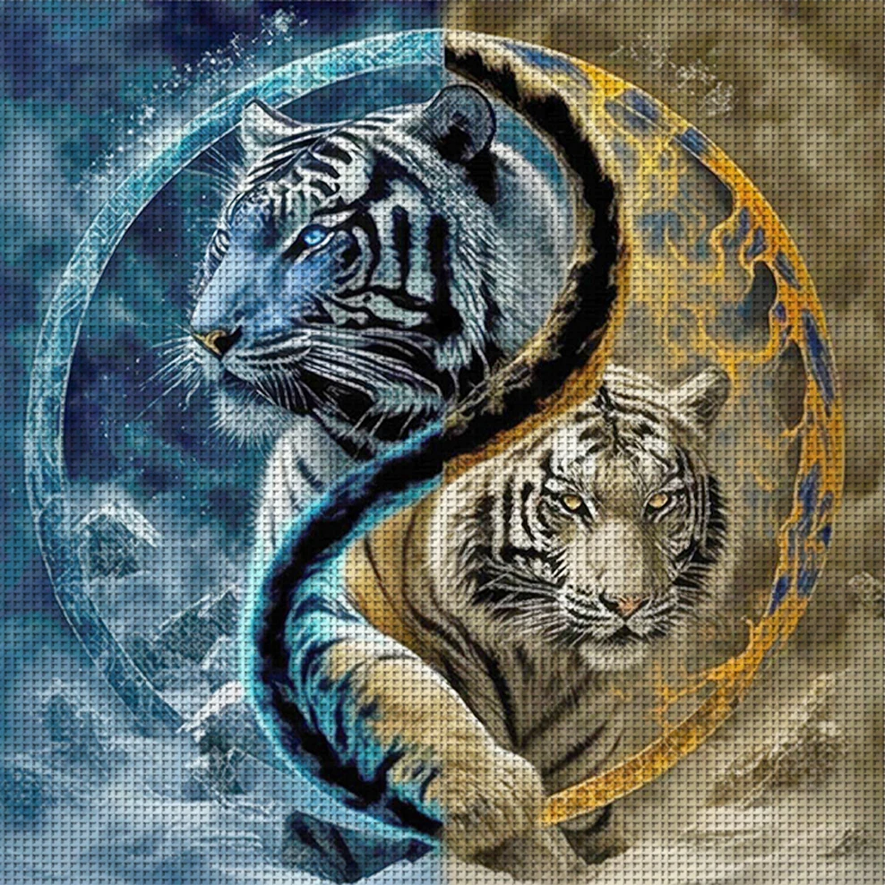 1PC 36X36cm/14.17X14.17inch, 11CT Print Cross Stitch DIY Kit, Dual Tigers, Adult Beginner's Relaxed Cross Stitch