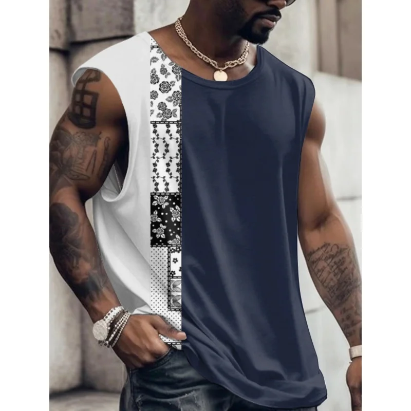

3D Printed Retro Striped Tank Tops For Man Colorful Splicing Pattern Tees Summer Casual Vest Oversized Sports Street Tank Top