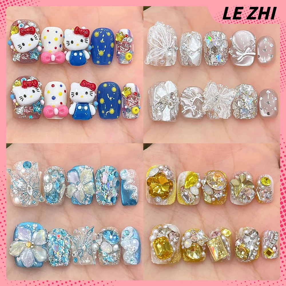 

10Pcs Light Luxury Short Square Round Handmade Press On Nail Hello Kitty Glitter Diamond Butterfly Bow Pearl False Nails Gift