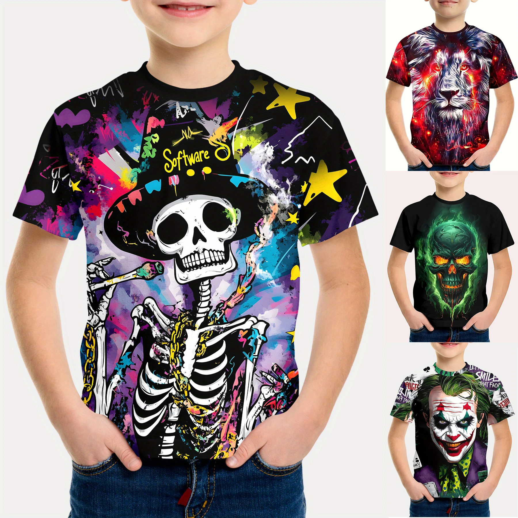 

2025 New Fashion Halloween Costume Gothic Horror Skull Print Men's T-Shirt Weird Pumpkin Family Matching Costume Kids Clothes