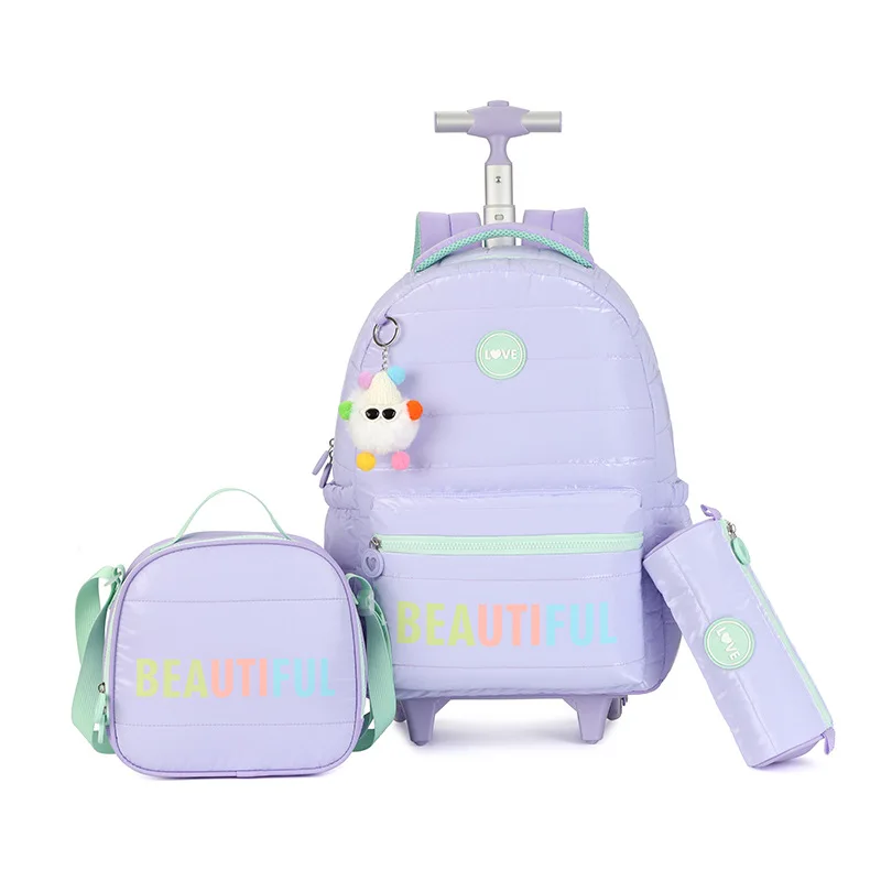 3pcs/set Kids School Backpack Children Book Bags  for Girls Travel  Wheeled Backpack Trolley School Bag With Wheels Lunch bag
