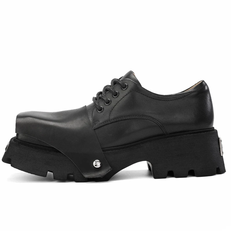British Original Black Silver Derby Shoes for Men's Dress Shoes Genuine Leather Personalized Fashion Thick Soled Casual Shoes