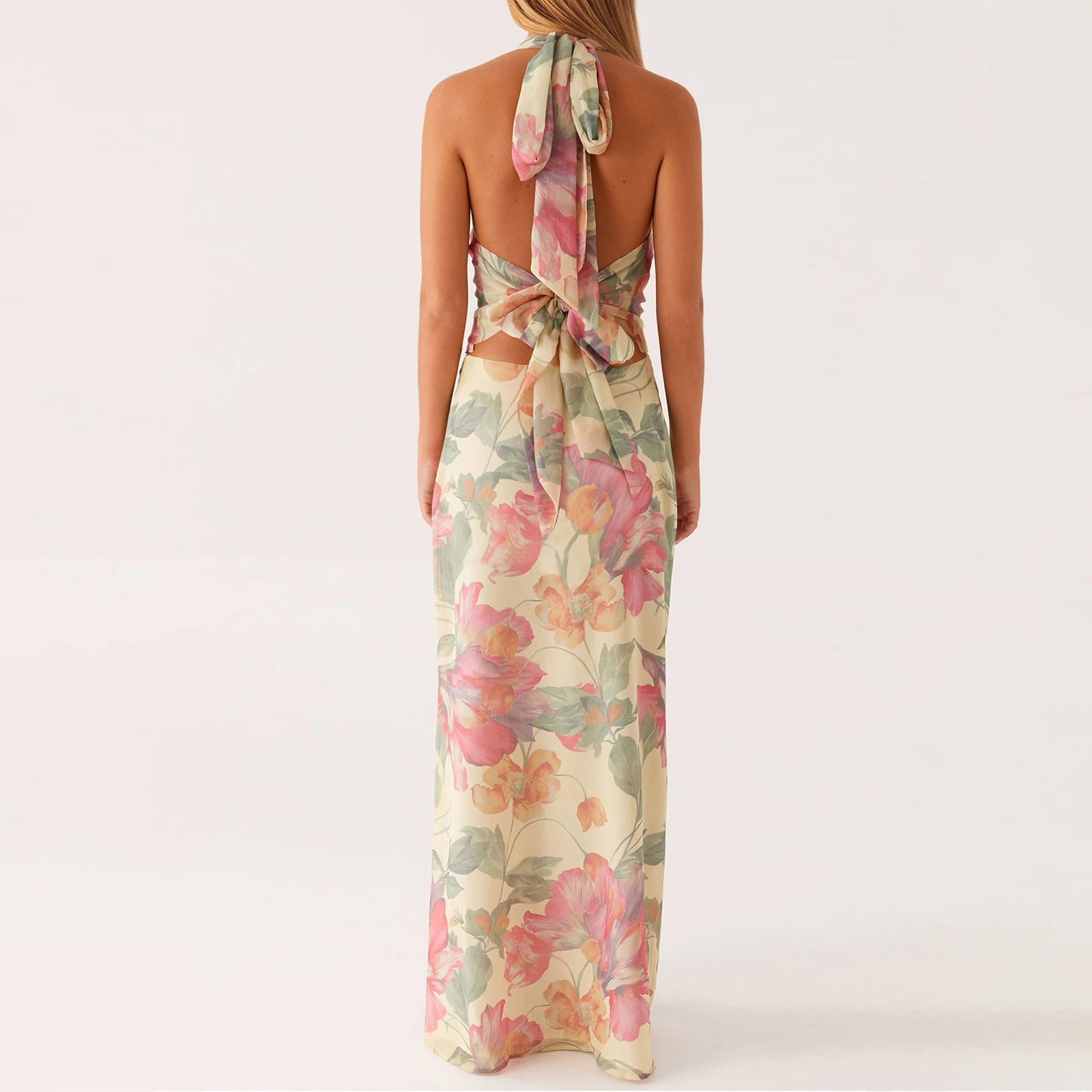 Women Summer Back Tie-up Halter Long Dresses Fashionable Flower Print Backless V Neck Slim Fit Sleeveless Dress