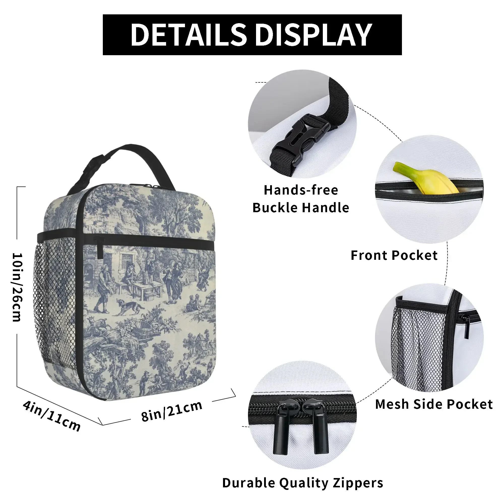 French Toile De Jouy Motif Lunch Bag Women Reusable Oxford Bento Tote Bag Thermal Cooler Insulated Lunch Box for Travel Picnic