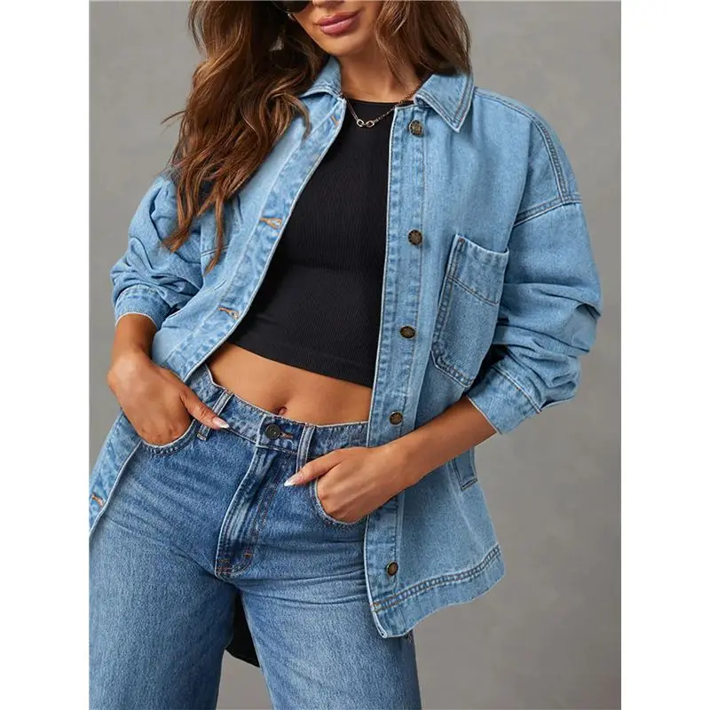 Jaqueta TKOH-Jean para mulheres, manga comprida, jeans grande, jaquetas de caminhoneiro, casaco azul claro M