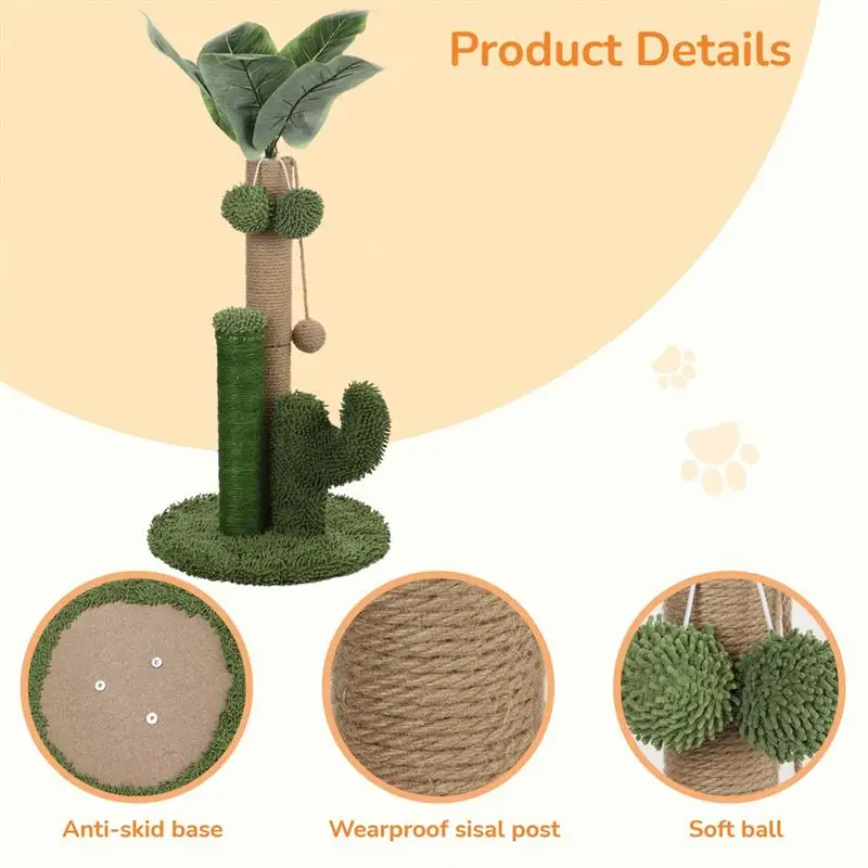 Cat Scratching Post Cat Tree With Dangling Toy Cactus Scratcher Cat Scratching Post Artificial Leaves Plush Sisal Scratch Pole