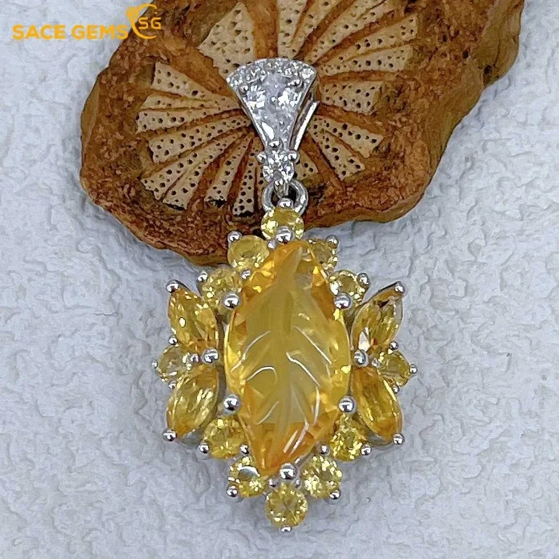 

SACEGEMS 925 Sterling Silver Certified 7*14MM Natual Citrine Pendant Necklaces for Womne Engagement Cocktail Party Fine Jewelry