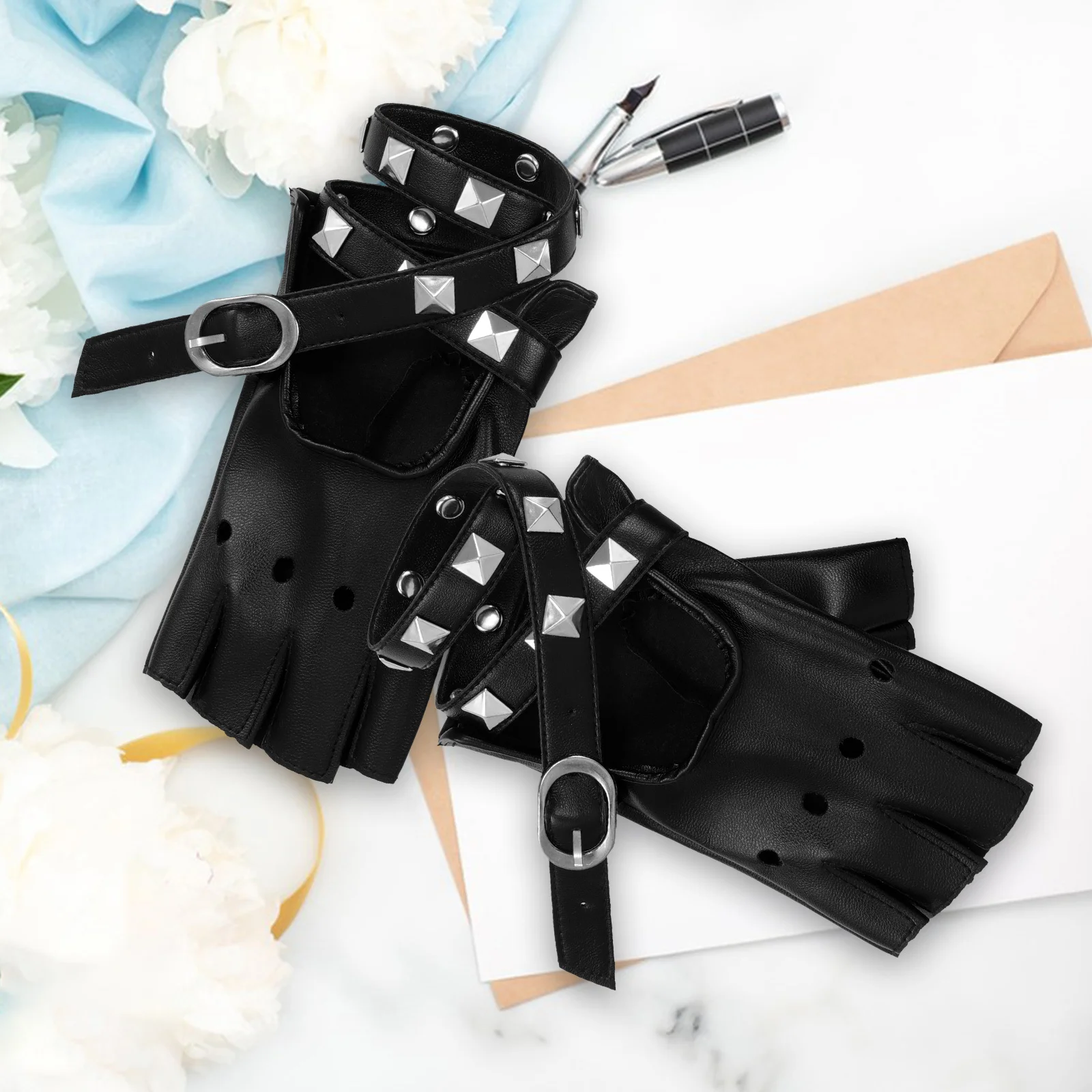 1 par de guantes negros sin dedos PU remache de imitación estilo Punk fiesta de baile Cosplay accesorios de disfraz para mujer