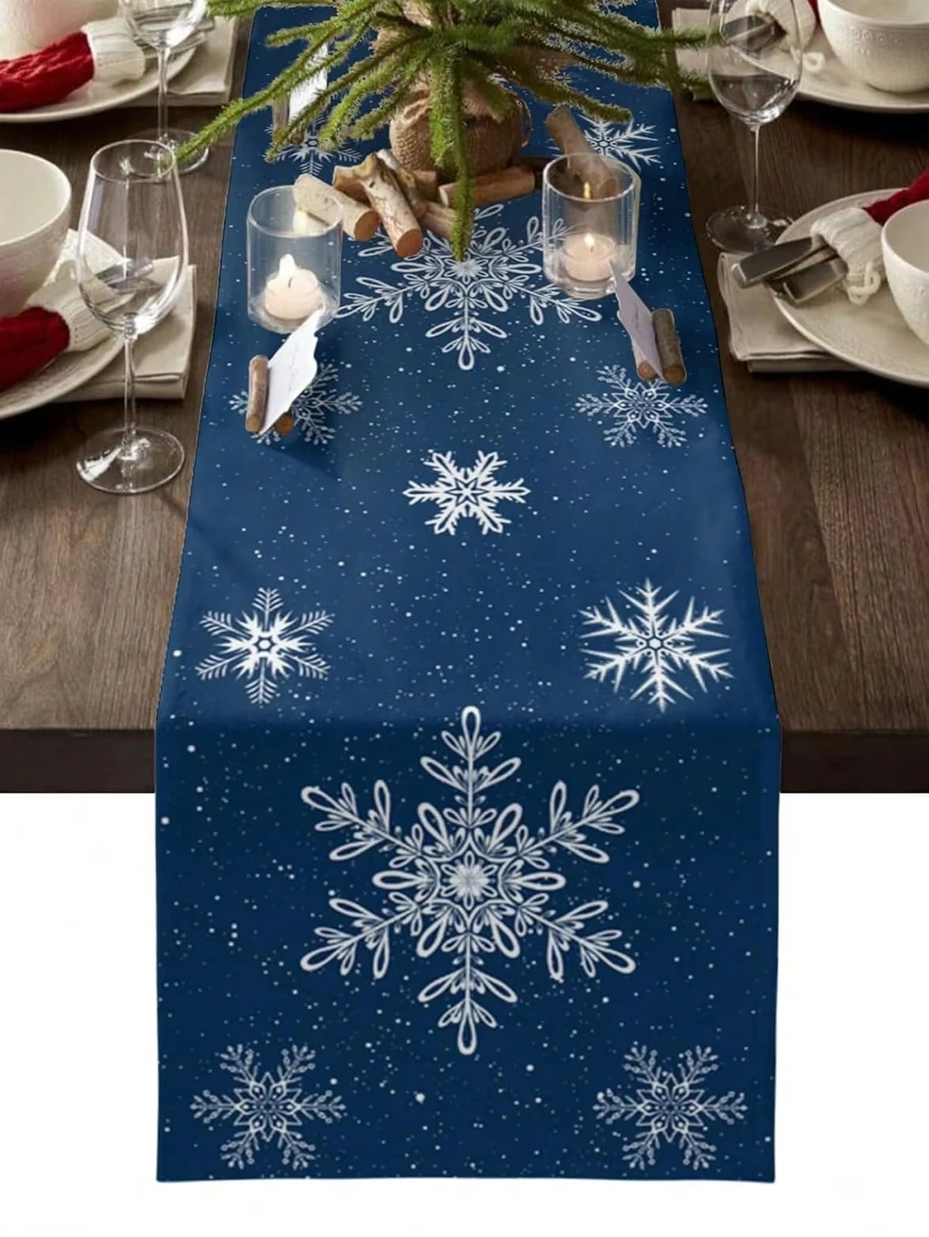 Table Runner Navy Blue Snowflake - Flat Print with Snowflake, Christmas Tree & Holly Patterns, Linen Texture, Cozy for Dining