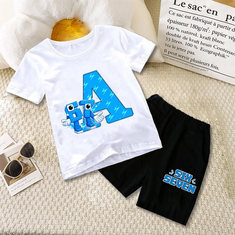 Six Seven Steals A BrainRoted Kid T-shirt Shorts Set Letter A-Z Sportwear Fashion Children Birthday Clothing Summer Outdoor Wear