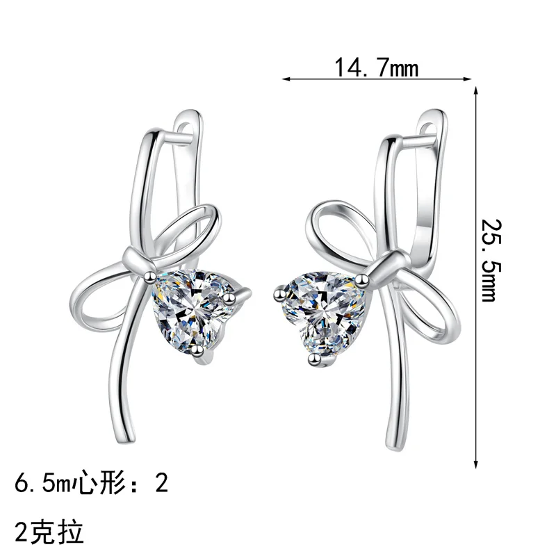 

ZFSILVER s925 Silver White Moissanite Classic Color D Bownot Heart Earring Charms Women Accessories Jewelry Party Gifts AZ1269-E