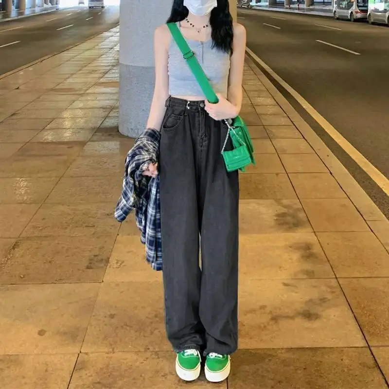 Adjustable High Waist Wide Leg Jeans Women's Summer  New Style Vibe Wind Long Pants Slimming Straight Cut Floor Length