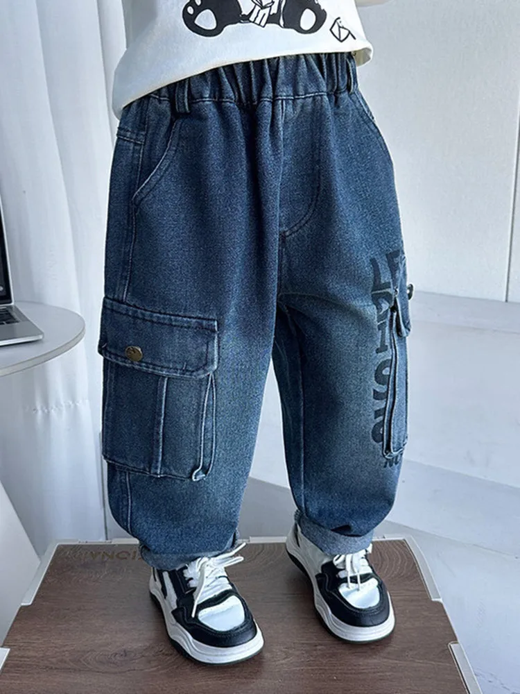 

Весенне-осенние детские штаны-карго с несколькими карманами, брюки для малышей, свободные джинсы для мальчиков, детские модные повседневные универсальные джинсы для детей от 2 до 11 лет