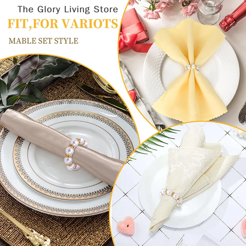 12 Pcs Pearl Napkin Rings Gold Napkin Ring Holder Beaded Rhinestone Serviette Rings Buckle With Elastic For Formal Wedding