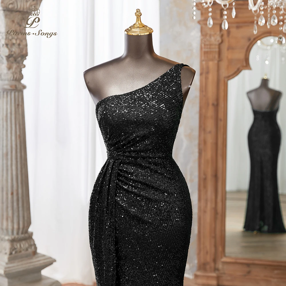 Elegant Black Sequin Evening Dress with One-Shoulder Design and High Slit vestidos de noche Perfect for Formal Events