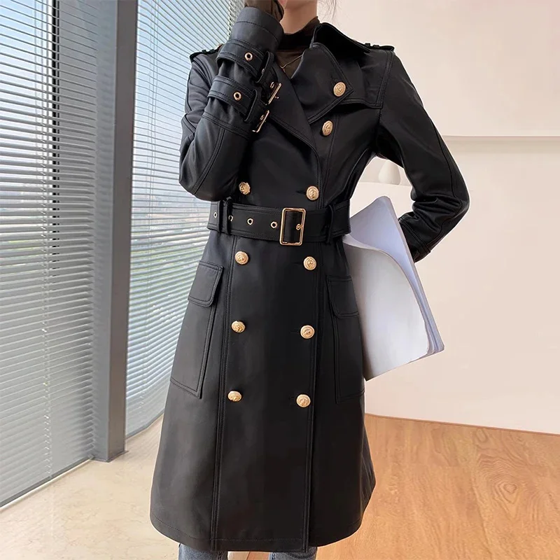 Leather Genuine Trench Coat for Women 2024 Trend High-end Double Breasted Slim Long Real Sheepskin Jackets with Belt