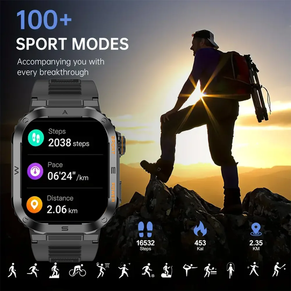 Rugged Military Smart Watch Men For Android IOS Ftiness Watches Ip68 Waterproof 2.05\'\' AI Voice Bluetooth Call Smartwatch 2024