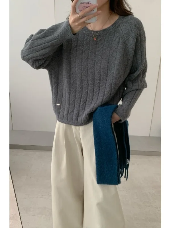 Lazin Knitted Sweater round Ne Loose Top ort Sle Autumn Winter Warm Thiened Knitting Wool Blend Commute Sle