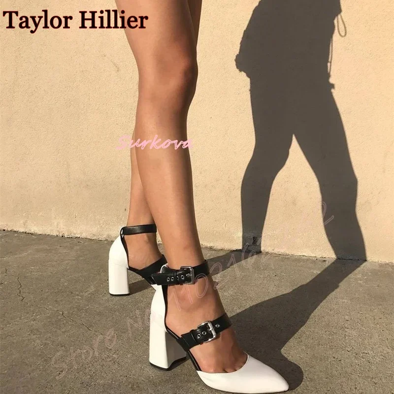 

White Belt Buckle Mules Round Toe Chunky Heels Buckle Strap Pumps Women Shoes Elegant Fashion Party Wedding Sandals High Heels