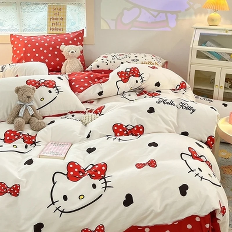 

Kawaii Cartoon Hellokitty Cat Cotton Four-Piece Set Cotton Cartoon Girl'S Heart Sheet Quilt Cover Bed Hat Three-Piece Set Gift