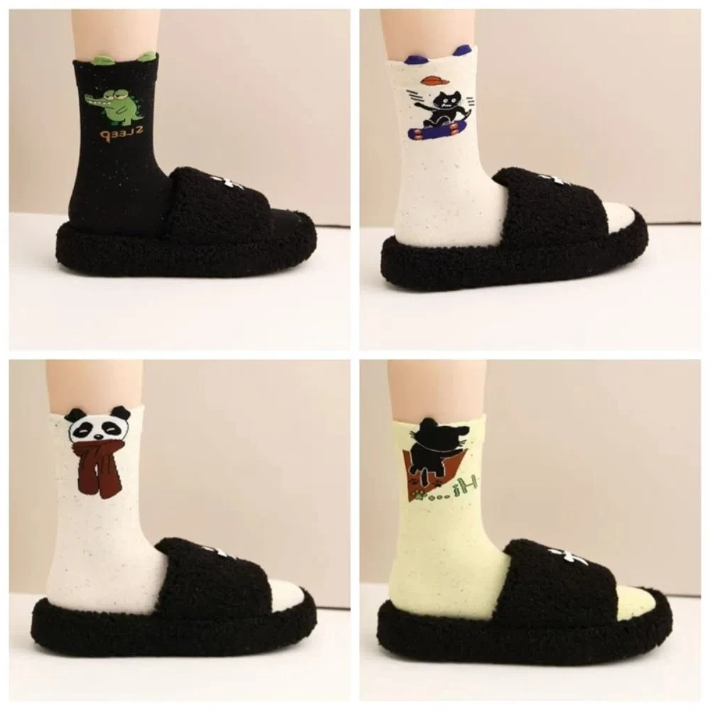 4Pairs Breathable Dot Cartoon Dog Short Socks Bear Funny Soft Tube Socks Panda Non-Slip Mid-calf Socks Female