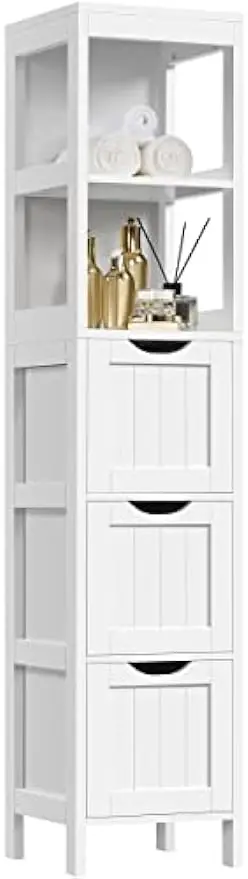 

Bathroom Tall Cabinet, Slim Storage Cabinet, Narrow Freestanding Floor Cabinet with 3 Drawers & 2 Shelves, Linen Tower, White