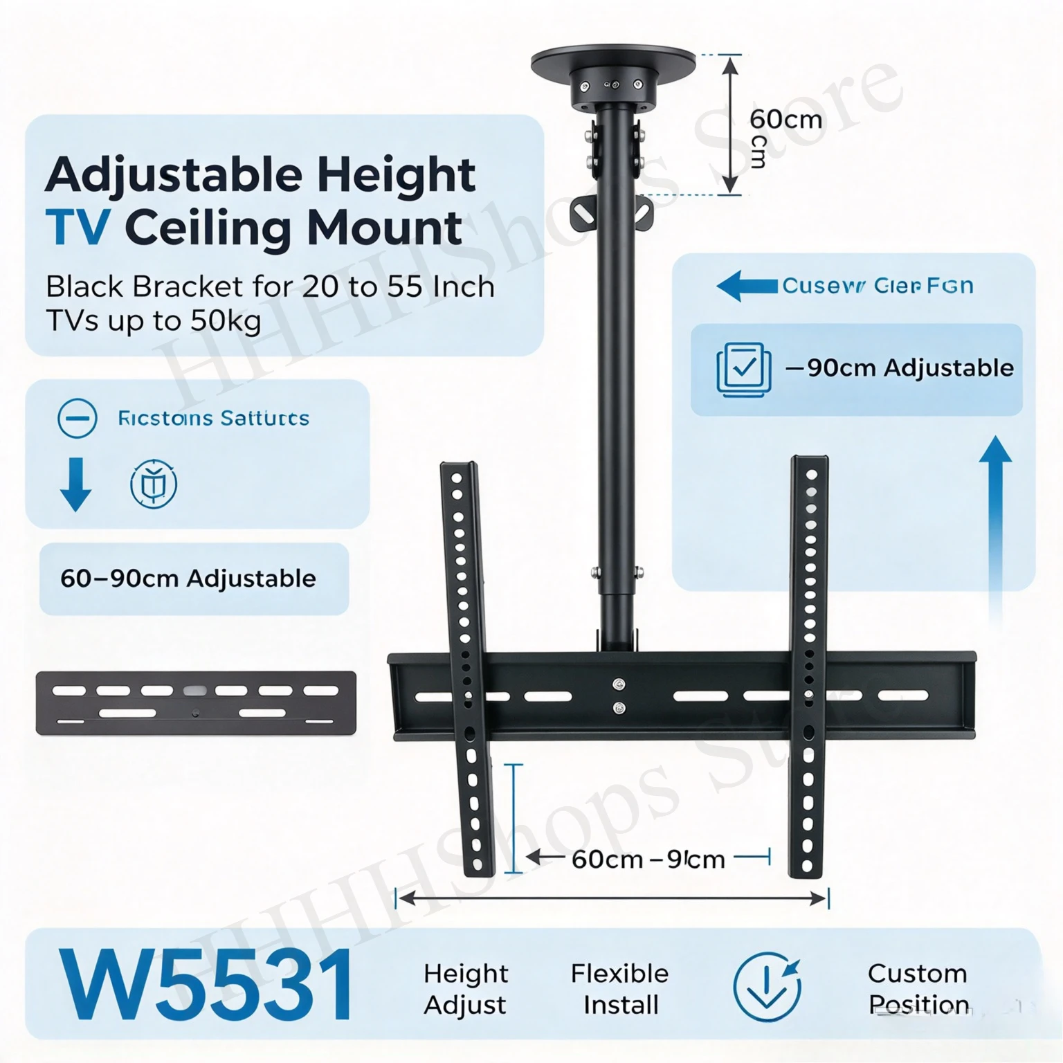 Soporte de techo para televisión con altura ajustable, de 60 a 90 cm, para televisores de 20 a 55 pulgadas, con capacidad máxima de 50 kg, compatible con el estándar VESA, soporte resistente para televisión.