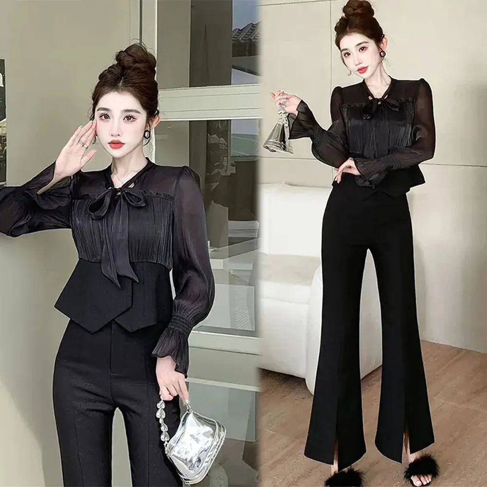 

Spring Summer Fashion Set Two Piece Set Women Outfit Elegant Bow Shirt Tops + Slim Flare Pants Casual Office Ladies Trouser Suit