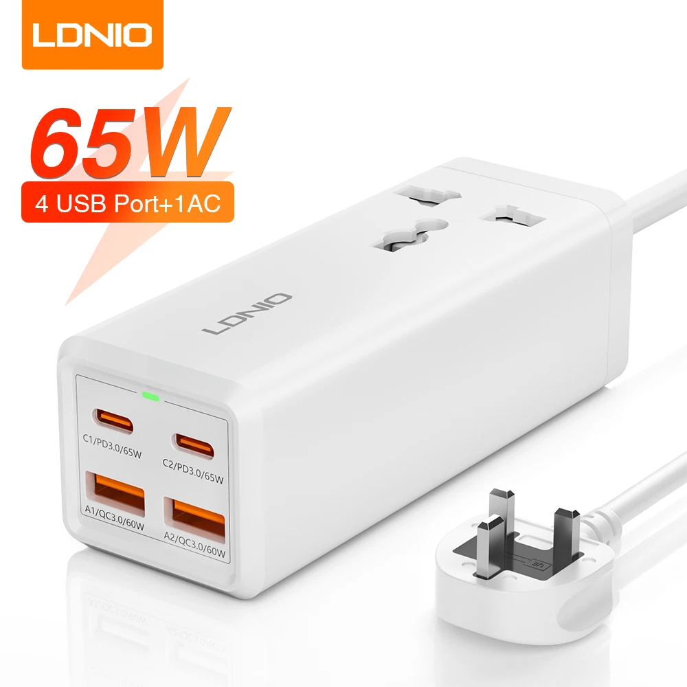 LDNIO Stekkerdoos 65 W 4 USB C-uitgangen met 2 m verlengsnoer Snelle oplader voor laptop/Macbook/Ipad/oortelefoon/mobiele telefoon USB-stekker