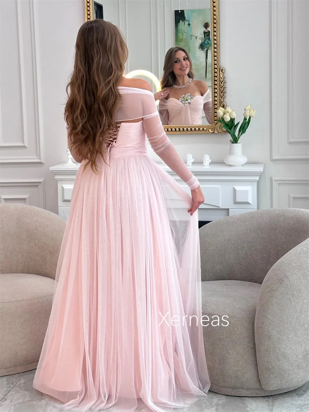 Customized Simple Net Pleat A-line Off-the-shoulder Long Dresses Bespoke Occasion Homecoming Exquisite Modern Style