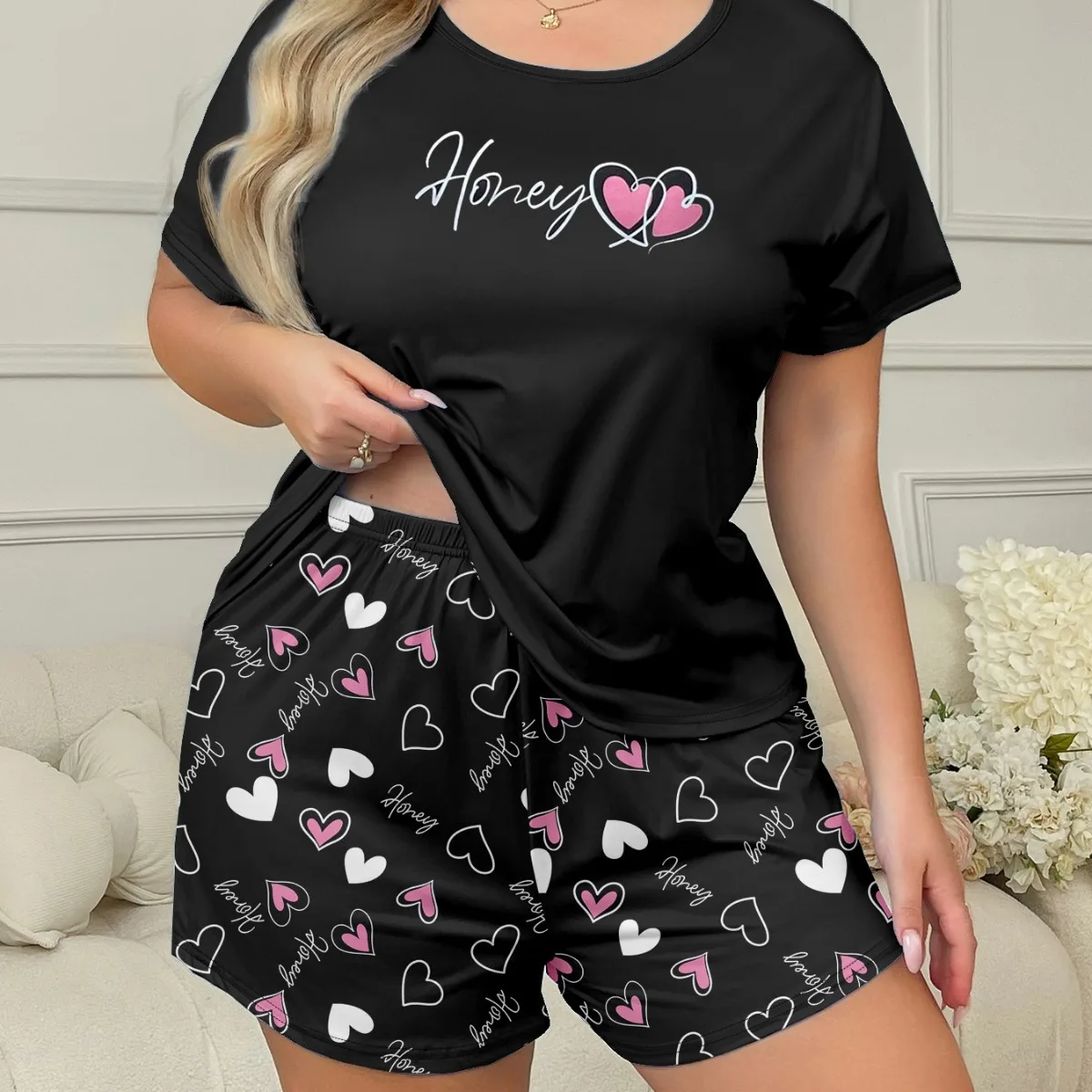 Lady Pajamas Set XL-5XL Big Size O-Neck Sleepwear for Women Short Sleeve Shorts Vintage Comfortable Casual Pijamas for Woman