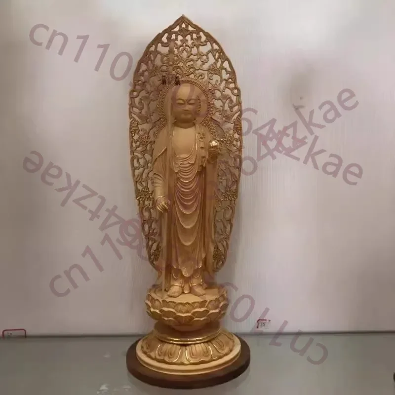 Taiwan Cypress Wood Carved Ksitigarbha Bodhisattva Statue, Solid Wood Buddhist Figurine for Home Temple Decor, Standing Lotus