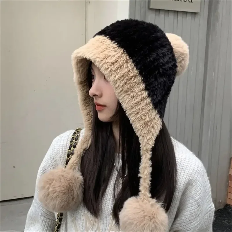 Fashion Warm Thickened Plush Hat Windproof Coldproof Solid Color Ear Protection Bonnet Caps for Autumn Winter
