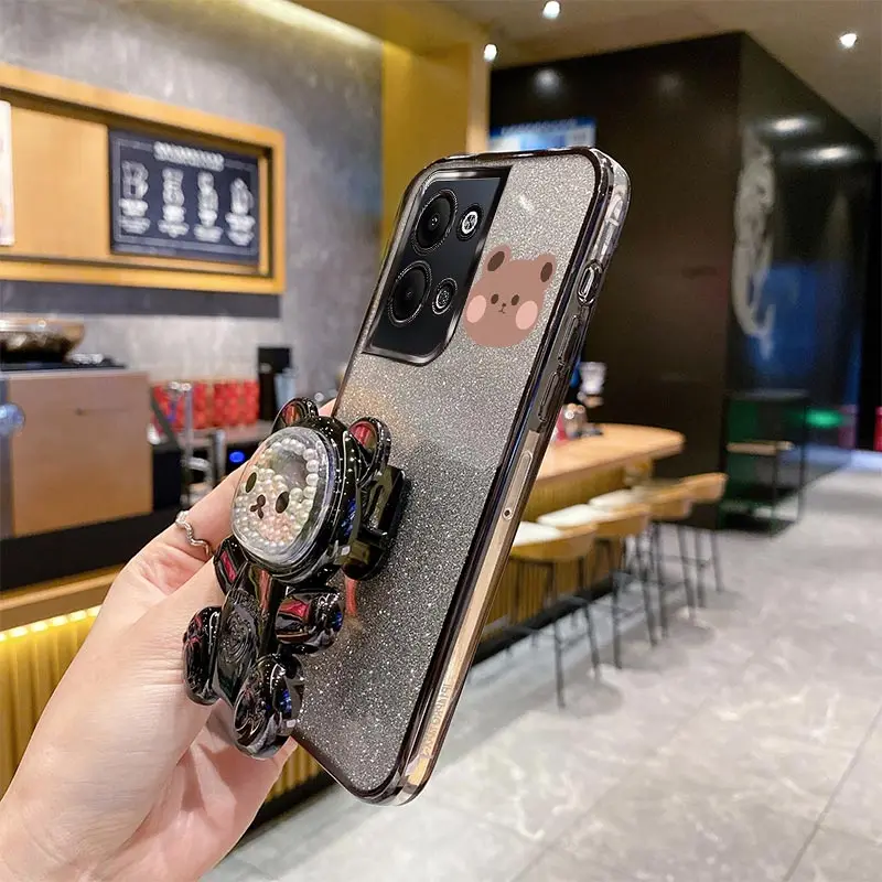 Reno7 Reno2 Reno3 Glitter Bling Bear Phone Holder Case On For Oppo Reno 7 2 Z 2Z 3 4 5 5K 6 6Z SE Pro 4G 5G Reno4 Stand Cover