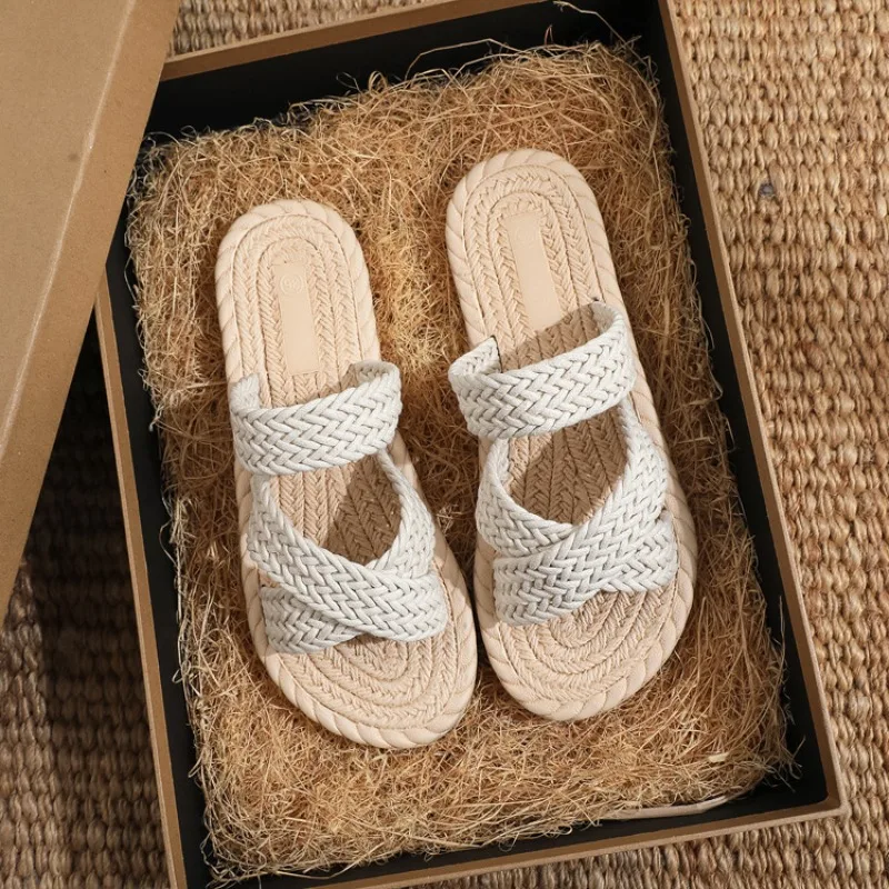 Summer Cross Strap Women's Slippers Anti Slip Wear-resistant Flat Beach Slippers Outdoor Braided Linen Shoes Women's Sandals