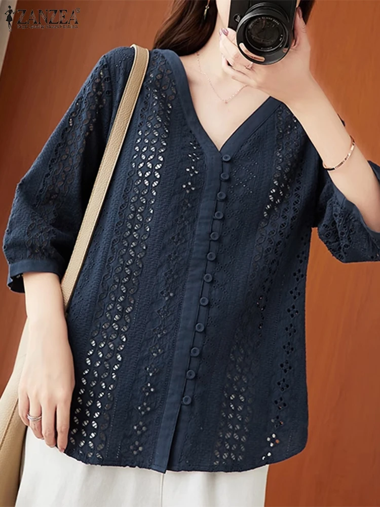 ZANZEA แฟชั่น Openwork เย็บปักถักร้อยเสื้อสตรีฤดูร้อนหลวม V คอ 3/4 แขนเสื้อถักโครเชต์ลูกไม้ Chemise Femme สบายๆเสื้อ