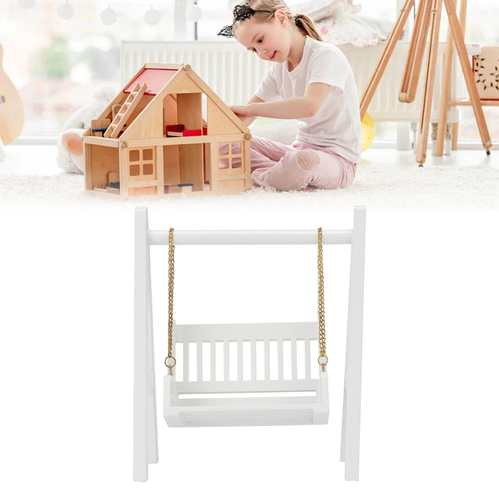 ZK40 Altalena per casa delle bambole 1/12 con catena in oro Altalena in legno in miniatura bianca Squisita mini strumento di decorazione per casa delle bambole