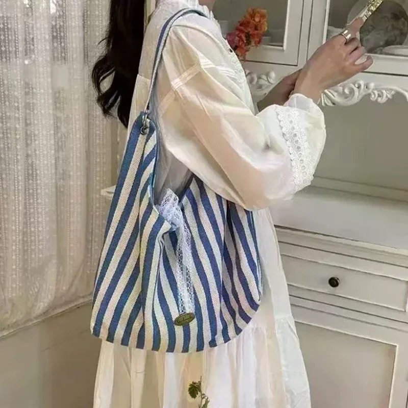 

Stripe Hobo Bag For Women Lace Bow Decor Canvas Tote Bag Reversible Shoulder Bag For Daily Shopping
