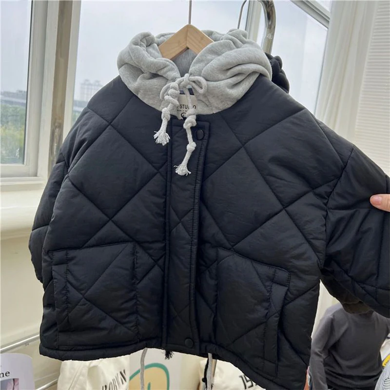 Children Cotton Padded Coats Winter Solid Plaid Warm Boys Girls Hooded Parka 1-8Years Kids Loose Casual Quilted Jackets