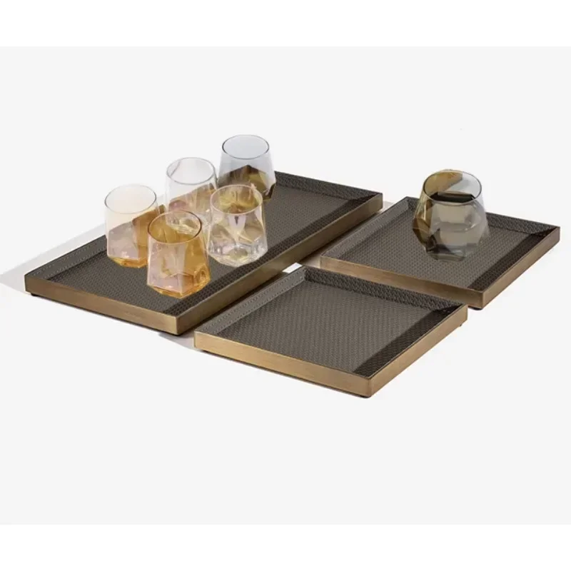 Creative Italian light luxury square woven leather pattern tray, living room coffee table storage tray