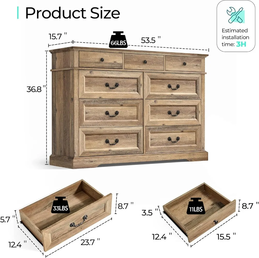 LINSY HOME Farmhouse 9 Drawers Dresser for Bedroom, Wood Bedroom Dresser Farmhouse Drawer Chest, 9 Chest of Drawer