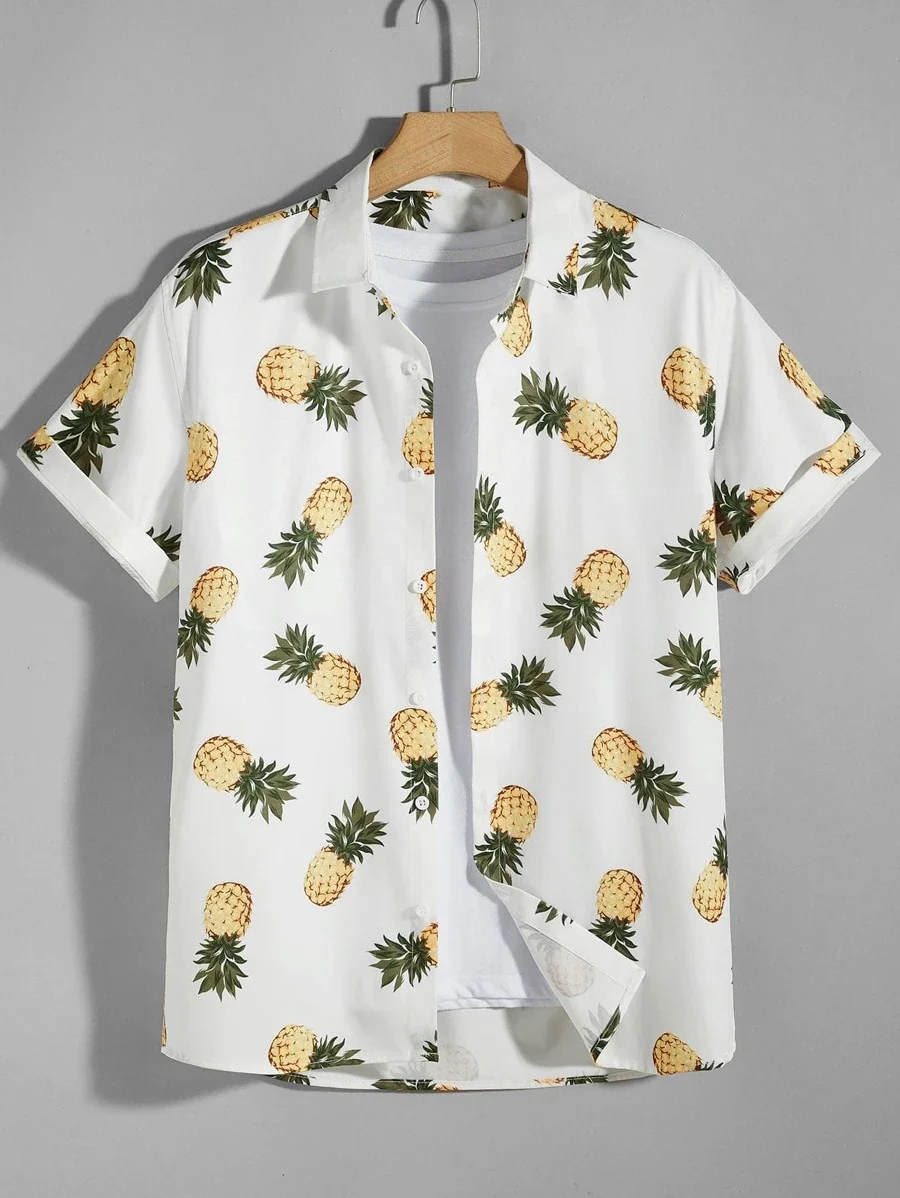 Men\'s Hawaiian plant pineapple print button-down short-sleeved shirt fashionable seaside lapel topmoban