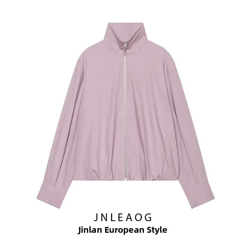 JNLEAOG Women's Comfortable Loose Fit Stand Collar Outerwear Purple Pink Autumn New Arrival Fashion Ladies Short Coat