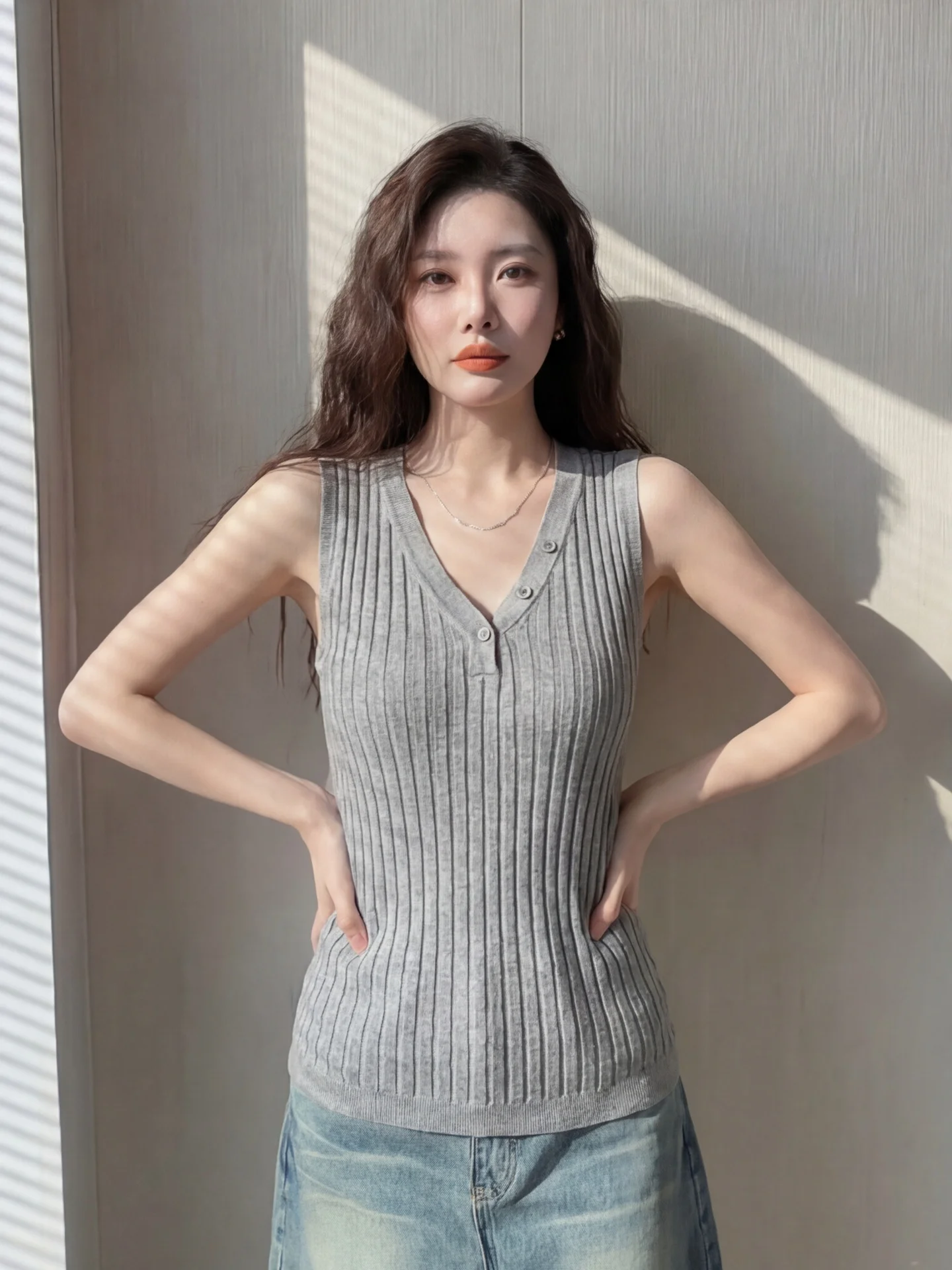 

Gray Lazy Striped V-neck Button Ice Silk Knitted Vest Women Summer New High-grade Sensation Sleeveless Top Korean Style Slim ...