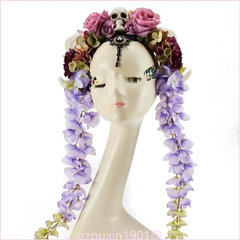 57qa Gothic Flower Horn Stirnband Schädel Cosplay Halloween Rollenspiele Kopfschmuck Proms Party Live Show Kopfbedeckung – Detail 3
