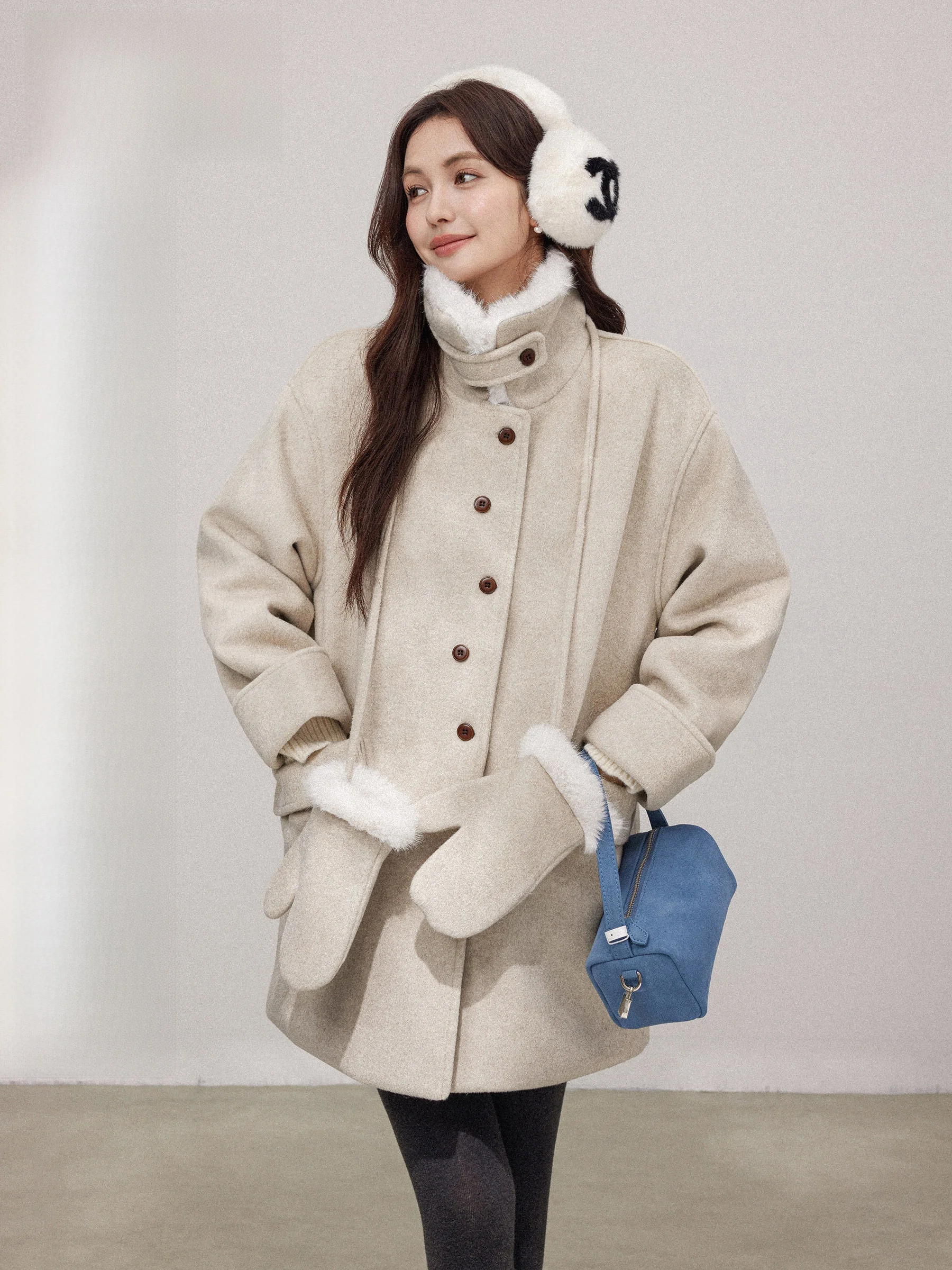 

Женское шерстяное пальто Zhang Dou Dou: теплое, корейский стиль, средней длины, твидовое, повседневное, свободного кроя, с длинными рукавами