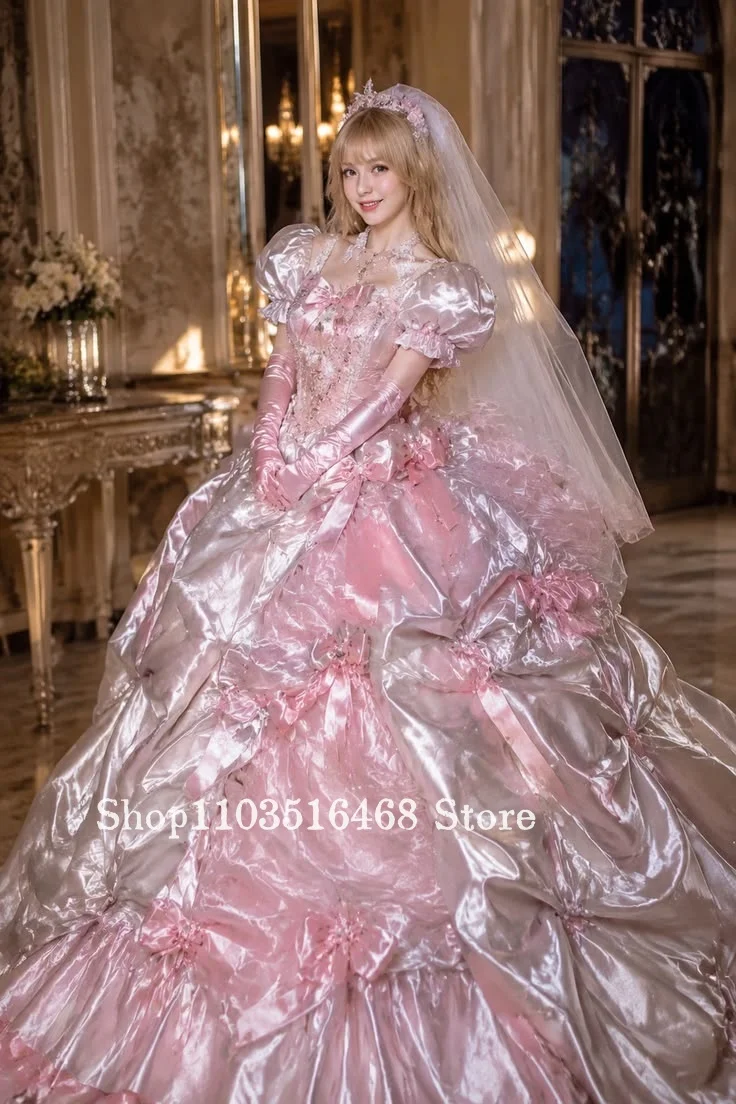 Rosa Traumhaftes Vintage Viktorianisches Hochzeitskleid Maßgeschneidertes Süßes Prinzessinnen-Brautkleid Schimmerndes PVC-Geburtstagskleid 2026