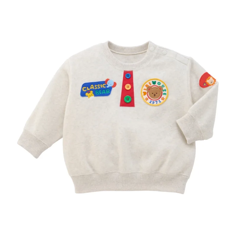 Autumn Winter Kids New Bear Badge Fleece-Lined Sweatshirt Japanese Cartoon Best Friend Cute Cozy Long Sleeve Tops for Boys Girls