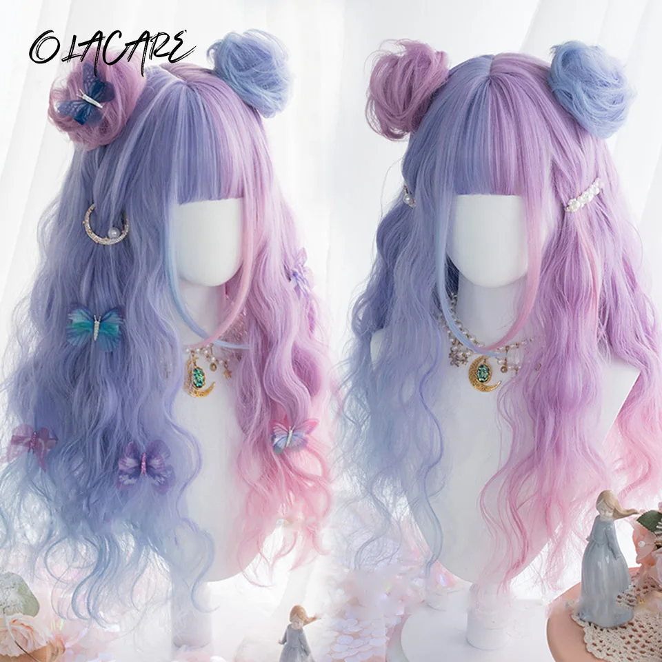 Olacare Lange Ombre Kleurrijke Synthetische Cosplay Lolita Harajuku Pruik Met Pony Natuurlijke Golvende Pruiken Wit Groen Dagelijks Pruiken